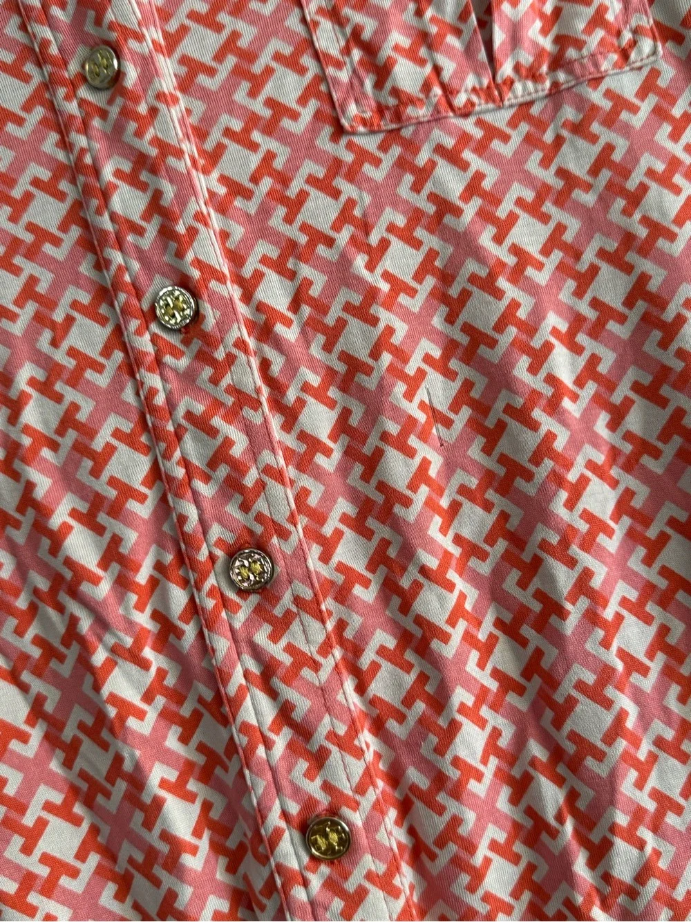 Tory Burch Silk Chain Link Geometric Button Down Blouse Coral Small Pink Career